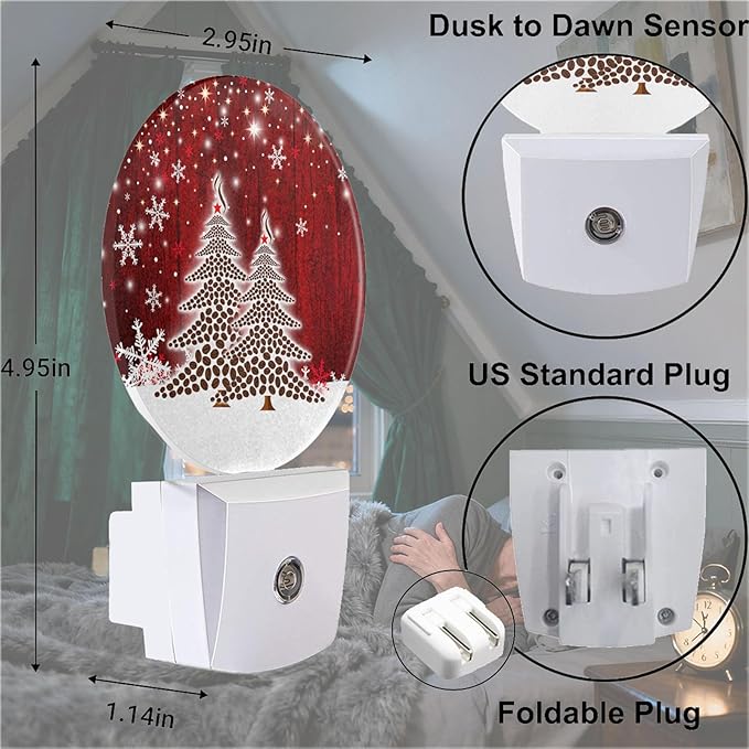 Mugod Red Christmas Plug-in Nightlights Coffee Beans Christmas Trees Snowflakes Night Light Plug into Wall with Dusk-to-Dawn Sensor LED Lighting 0.5W Sleep-Friendly