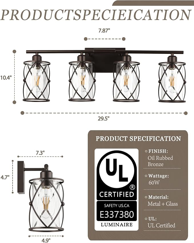 4-Light Oil Rubbed Bronze Bathroom Light Fixtures Over Mirror, 29" UL-Listed Modern Farmhouse Wall Sconce Lights with Clear Glass and Metal Cage for Bath, Hardwire E26, CH9176ORB-4W