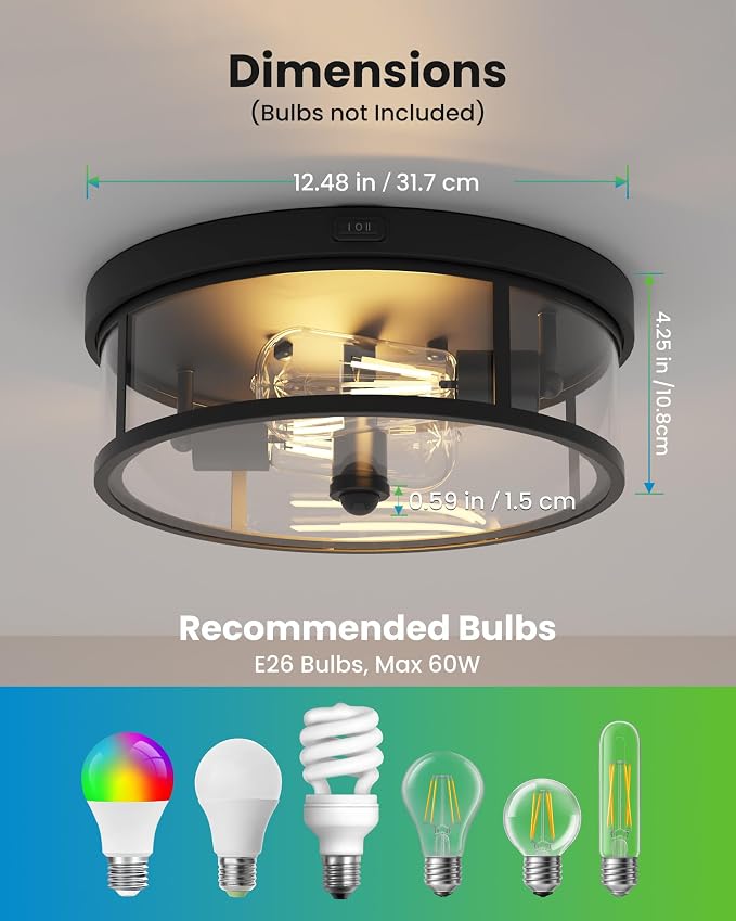 2Pack Outdoor Flush Mount Ceiling Light 12.5In - Motion Sensor Porch Light, 2-Light E26 Socket, Durable Iron & Clear Glass, Light Fixtures for Porch, Driveway, Covered Patio, Farmhouse