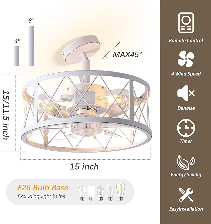 REDSTAR 15" Caged Ceiling Fans with Lights and Remote Flush Mount, White Round Industrial Ceiling Fan Light Fixture, Small Bladeless Ceiling Fan for Bedroom, Kitchen, Indoor