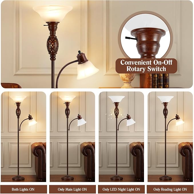 70" Floor Lamp with Night Light, Gooseneck Reading Light, Bulb Included | Torchiere Floor Lamps for Living Room, Vintage Standing Lamp for Bedroom, Retro Floor Lamp with Rotary Switch, Glass Shade