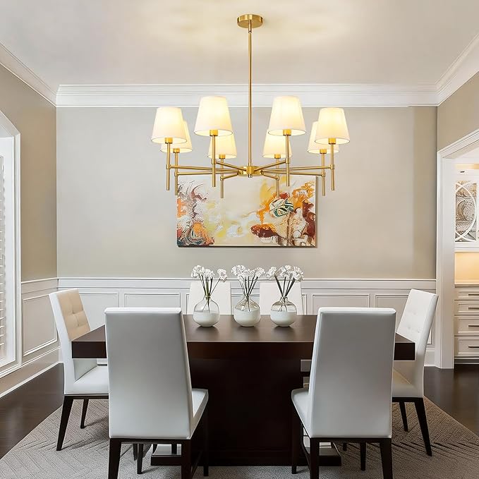 Dining Room Chandeliers Light - 8-Light Gold Modern Chandelier with Fabric Shade, Height Adjustable Mid Century Ceiling Lighting Fixture for Bedroom Kitchen Entryway Foyer