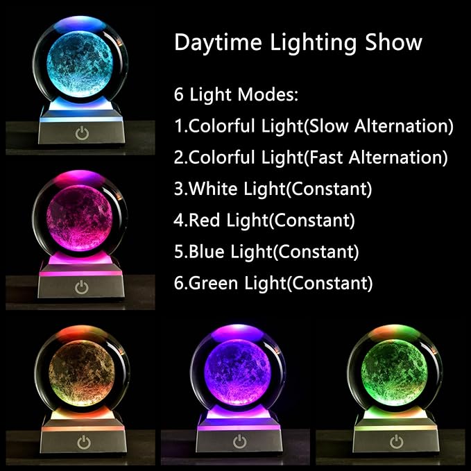 3D Moon Crystal Ball with LED Stand, Moon Figurine Decor Glass Sphere Lamp Night Light Gifts for Women Men Mom Kids