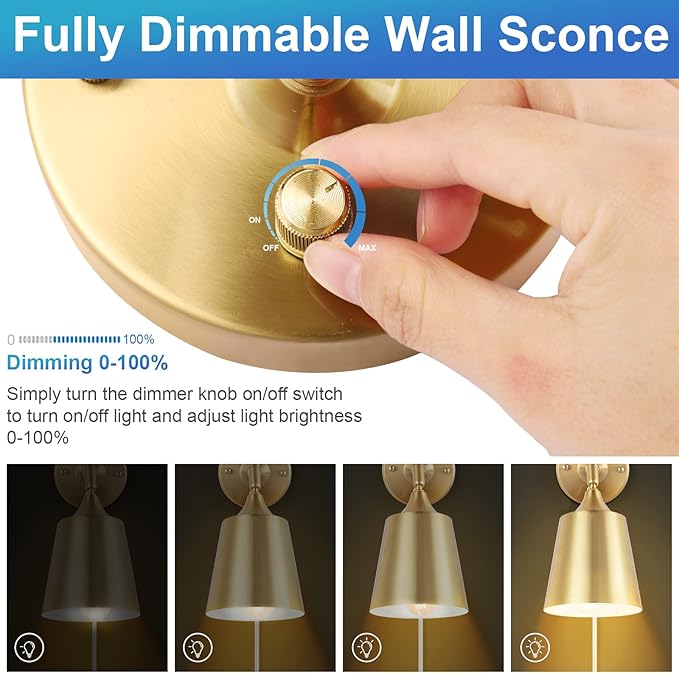 TRLIFE Wall Sconce Plug in, Dimmable Wall Sconces Adjustable Gold Wall Lights with Plug in Cord and Dimmer On/Off Knob Switch, Wall Mounted Light for Bedside Bedroom Stairway(2 Pack, 2 Bulbs Included)