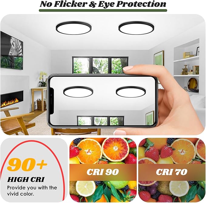 Brightever 12 Inch LED Flush Mount Ceiling Light Fixture with Night Light, 24W 2400LM Modern Ceiling Light, 2700K/3000K/4000K/5000K/6500K Selectable & Dimmable Ceiling Lamp for Bedroom, Black, 1 Pack