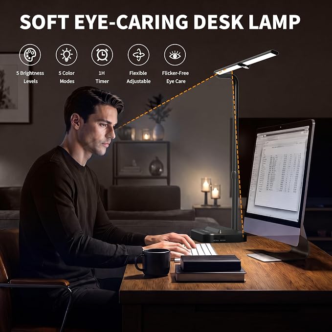 LED Desk Lamp, Ultra Wide Computer Light, Dimmable Desk Light with USB Fast Charging, Adjustable Foldable Eye Caring Office Desk Lamp for Monitor Work Gaming Home Study