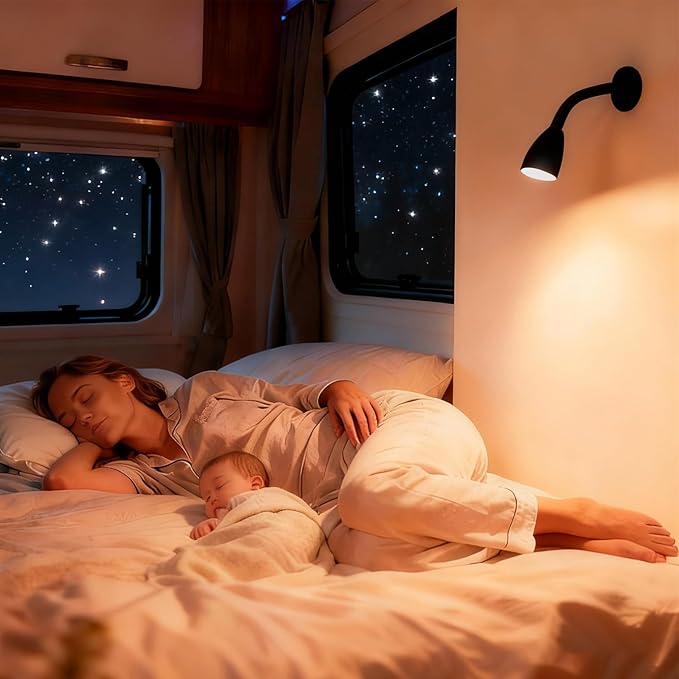 THALASSA 2-Pack 12V Flexible Gooseneck Light Black RV Reading Light Warm White & Red Night Mode Wall Mounted Bedside Under-Cabinet Lights On Camper Van Camping Trailer Motorhome