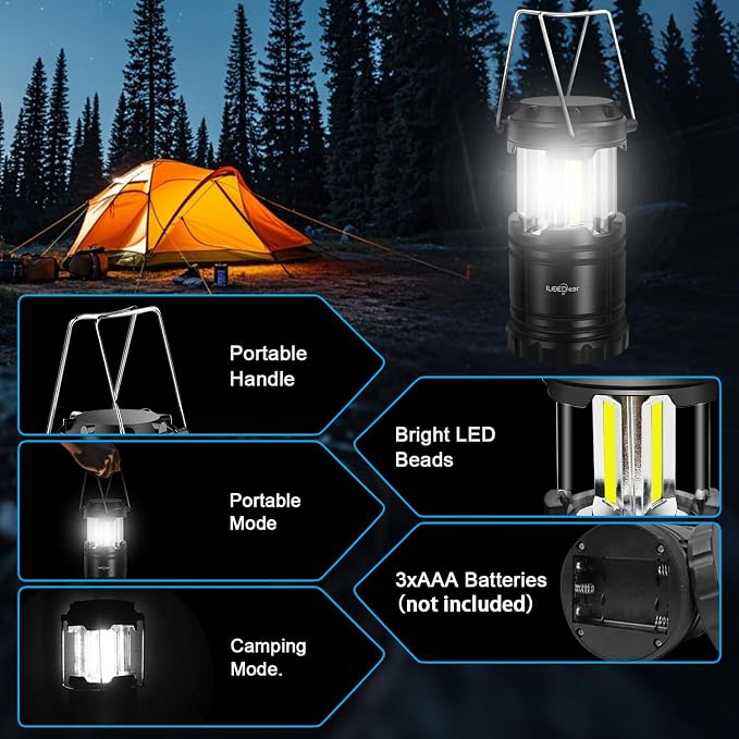 LED Camping Lantern, Battery Operated, 4 Pack | Adjustable brightness, collapsible design, camping essentials, emergency, hurricane, storm, power outage, outdoor