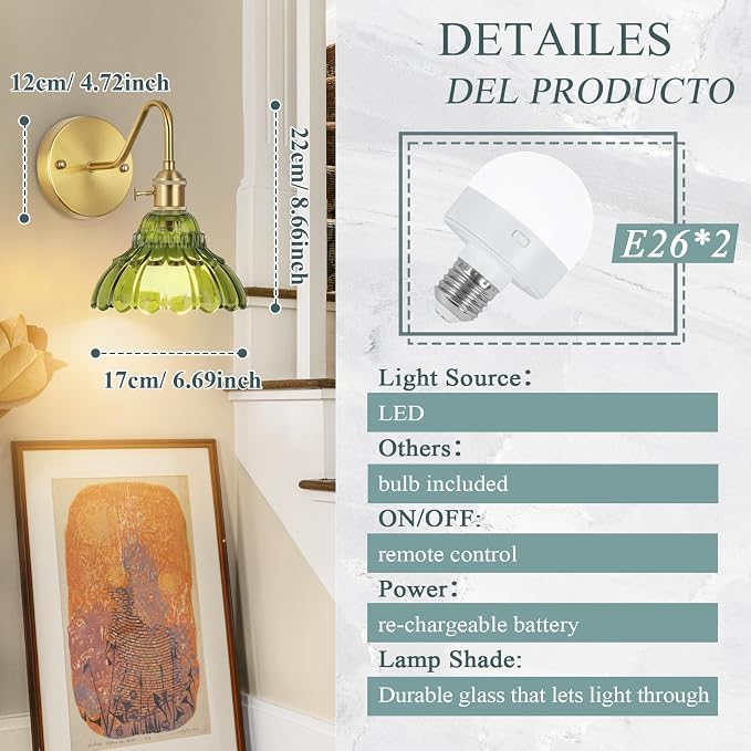 Vintage Battery Operated Wall Sconces Set Of Two, Indoor not Hardwired Brass Green Glass Lampshade Fixtures,Rechargeable Wireless RGB Wall Lights with Dimmable Remote Control,for Bedroom Living Room