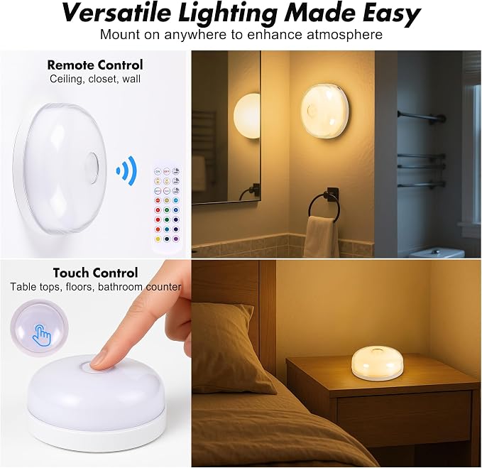 4-Pack Waterproof Shower Light No Wiring, Rechargeable Shower Lamp, White | 15 RGBW Color Mood Lighting with Remote Dimmable&Timer, LED Wireless Magnetic Ceiling/Wall Light for Bathroom Bathtub Closet