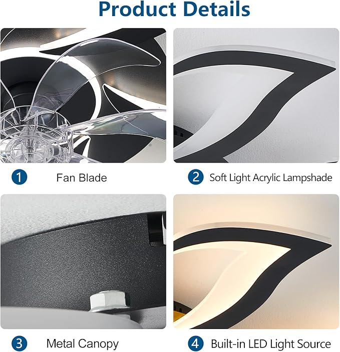 Modern Ceiling Fan with Lights and Remote Control, 32" Black Flush Mount Fan with 3 Light Colors, 6 Speeds, Low Profile for Kitchen and Bedroom