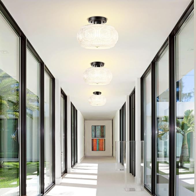 Semi Flush Mount Ceiling Light, Upgraded Larger Milk Glass Shade Modern Ceiling Light Fixture, Vintage Black Lighting for Hallway Bedroom Entryway Kitchen Porch