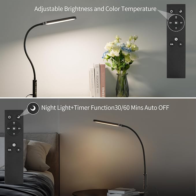 LUJOLUMIN 18W LED Clamp on Lamp with Remote Control and US Adapter | Metal Super Bright 3000LM Task Light, CRI 95, 3 Colors, for Office Desk Reading