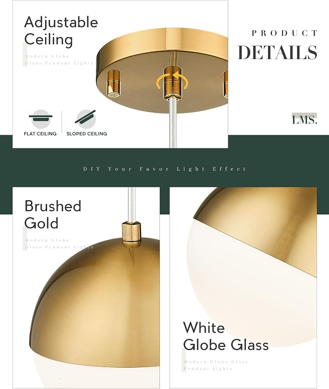 6-inch Brushed Gold Pendant Light Fixtures, Mid Century Pendant Light Fixtures with White Globe Glass, Adjustable Hanging Cord Ceiling Light Fixtures for Dining Room Bathroom, LMS-186BGS
