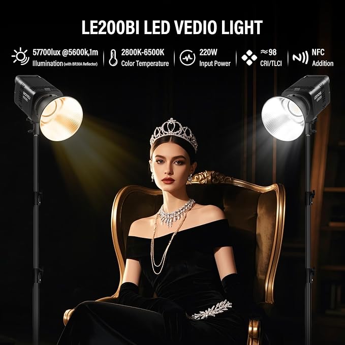 Godox Litemons LE200Bi LED Video Light Kit with Softbox Light Stand | CRI 98+, 2800K-6500K, 57700 Lux Output, DMX/App Control for Studios Ultra Quiet for Content Creation