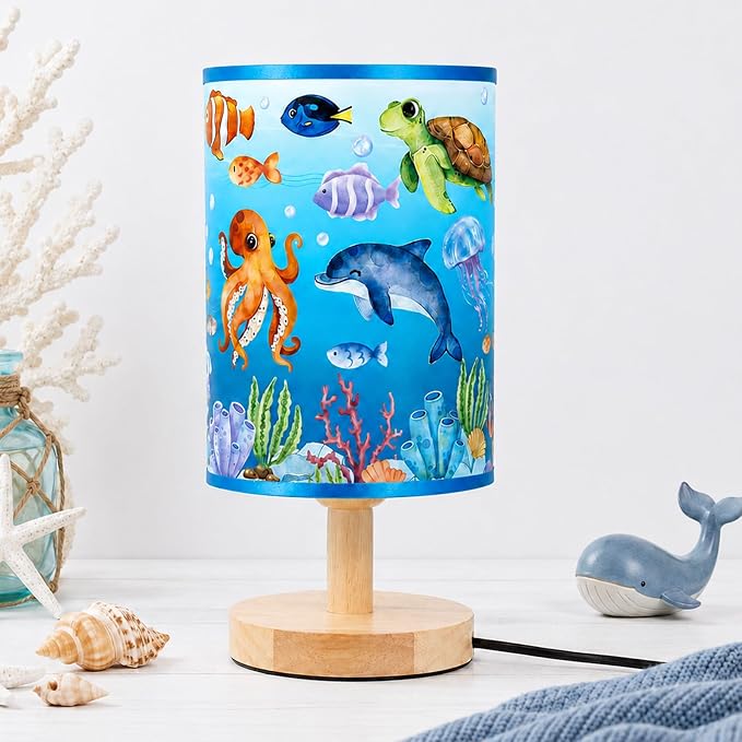 Under the Sea Table Lamp Ocean Animals Fish 3 Colors Dimmable Lights Underwater World LED Night Light Bedside Decor with Wooden Base Fabric Lampshade for Bedroom Living Room Home Decor Birthday Gift