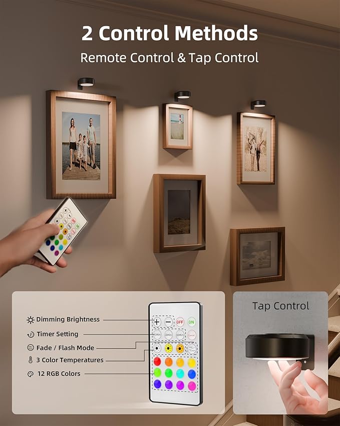 EZVALO Picture Lights for Wall, 2000mAh Rechargeable Battery Magnetic Poster Lights with 3 Color Temps & 12 RGB, Remote Dimmable Timer Painting Light, Wall Decor Light for Art Display, Frame (6 Pack)