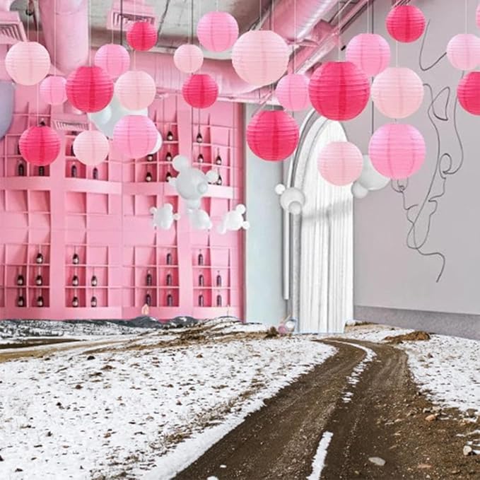 Pink Paper Lanterns Decorative,Hanging Chinese Lanterns Indoor Outdoor for Birthday, Wedding, Christmas, Bridal, Home Decor, Ceiling Decorations(Size of 4”, 6”, 8”, 10”,12Pcs)