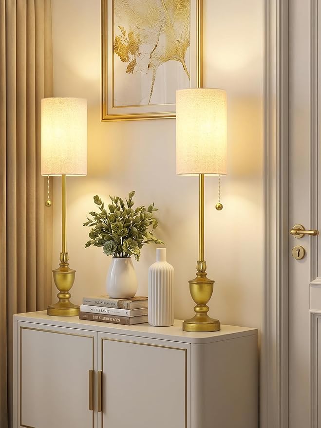 EJIAXIN Buffet Table Lamps Set of 2-28" Tall Skinny Brass Finish Resin Table Lamp for Living Room - Farmhouse Candlestick Lamp with Pull Chain for Console Table,Dining Room,Entryway,Hallway,Bedside