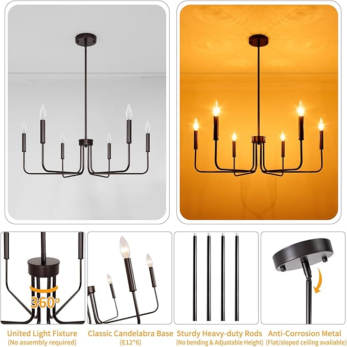 6-Light Farmhouse Chandelier for Dining Room Lighting Fixtures Hanging, Oil Rubbed Bronze Candle Chandelier Rustic Industrial Modern Chandelier for Living Room, Bedroom, Foyer, Kitchen