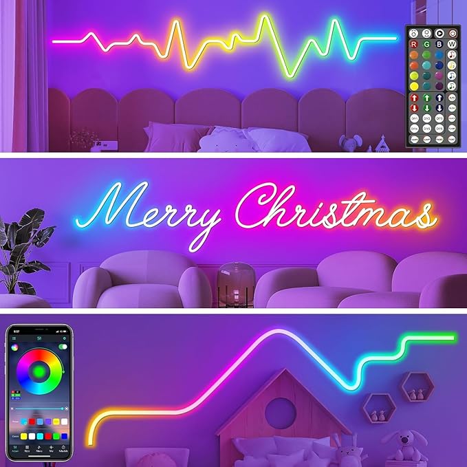 100Ft Neon Rope Lights,Flexible Led Rope Lights Control with App/Remote,Multiple Modes Rope Lights,IP65 Outdoor RGB Led Neon Lights Waterproof,Music Sync Gaming Led Neon Light Strip for Bedroom Decor