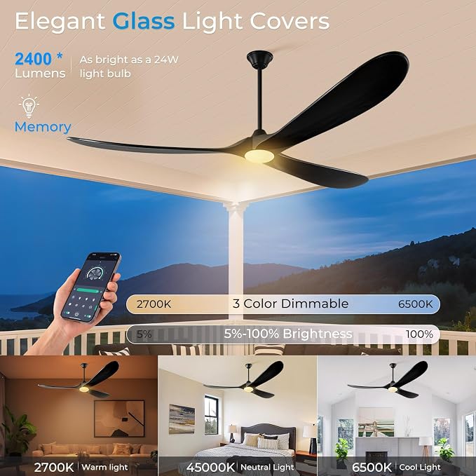 72 inch Outdoor Ceiling Fans with Lights-Glass Lamp, Large Damp Rated Wood Propeller Blades for Big Patios & Porch, Smart APP and Remote Control, 3 Blades Dimmable LED Ceiling Fans, High CFM-Black