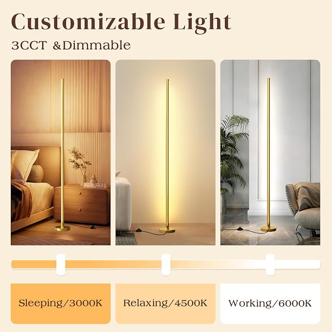 Corner Lamp,Minimalist LED Floor Lamp,Gold,1 Pack | Remote Control, Dimmable, 24 W, 7 Color Temperature 3000K-6000K, For Living Room, Bedroom, Home Office