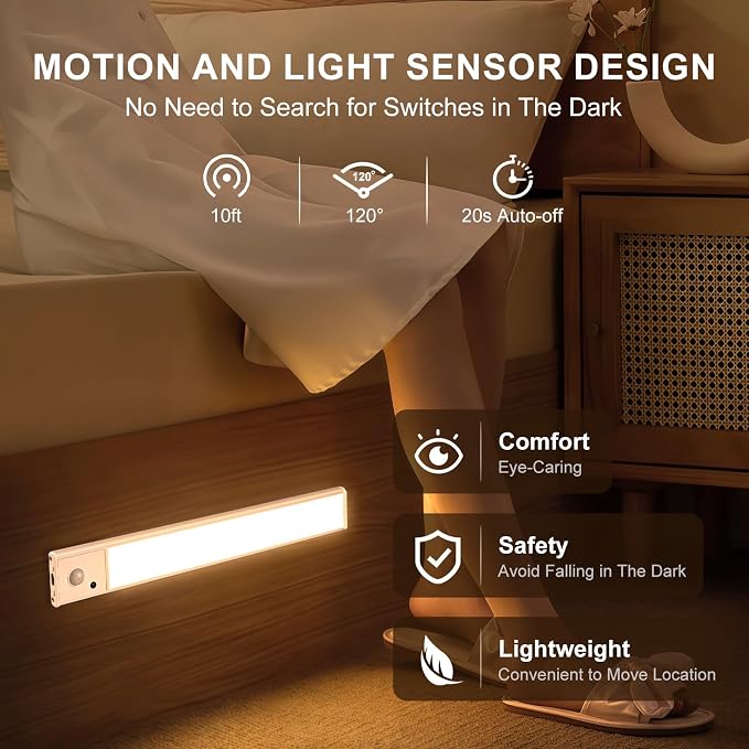 12 Inch Under Cabinet Lighting, 2 Pack USB-C Rechargeable Motion Sensor LED，Magnetic Wireless Mount,3 Color Temperature， Battery Powered for Kitchen, Wardrobe, Hallway, Stairs
