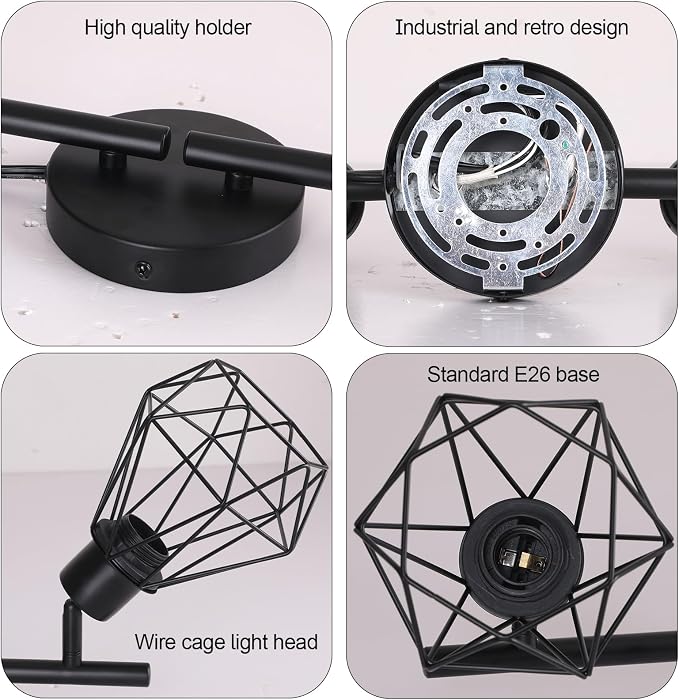 Plug in Track Lighting Kit, 80cm LED 4 Light Kitchen Track Lighting, Corded Wall Light with 16.4ft Cord, 4 Way Ceiling Spot Lighting Flexibly Rotatable Head Not Include Bulb (4-Black-Cage)