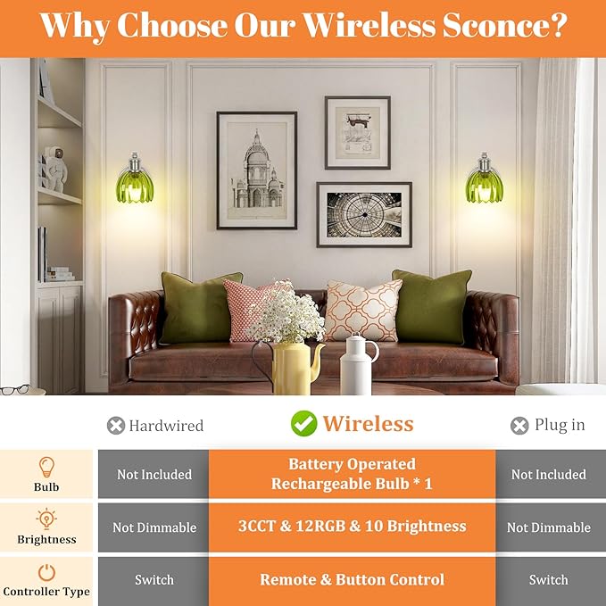 VerRon Rechargeable Battery Operated Wall Sconce with Green Glass Lampshade, Wireless Wall Scone Decor with Remote Control, 15 Colors Brushed Nickle Wall Light for Bedside Hallway Bedroom Doorway