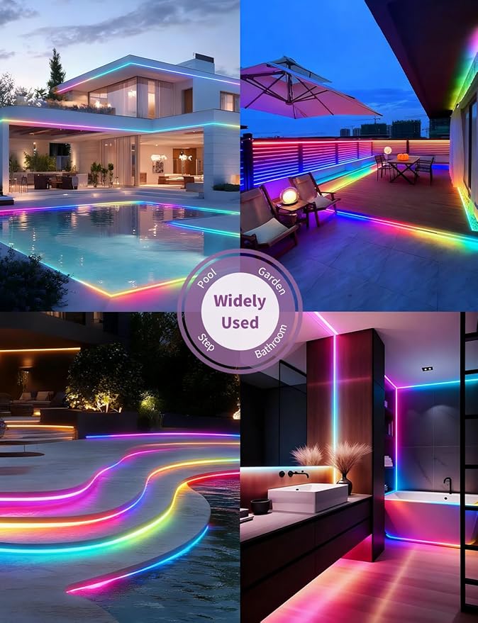 40ft/12m COB LED Strip Lights, RGB Smart IC, IP67 Waterproof, Dimmable , Color Flowing Tape Light with App Control & Music Sync, Dotless LED Light for Outdoor, Patio, christmas & Party Decorations