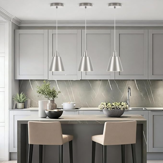 Industrial Pendant Lights, Brushed Nickel Pendant Light Fixtures, Vintage Kitchen Island Lights with Metal Shade, Farmhouse Pendant Lights for Dinning Table Bedroom Bar - Nickel, 3 Packs