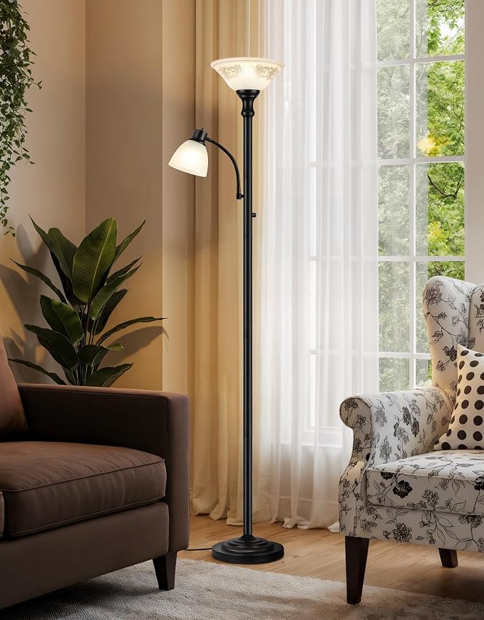 Torchiere Floor Lamps for Living Room, 71" Tall Standing Lamp with Thick Glass Shade, Metal Pole & Heavy Base, Vintage Corner Lamp with Reading Light for Bedroom Home Office, 3CCT Bulb Included