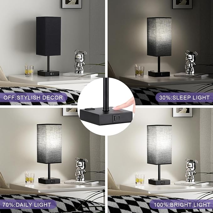 Black Bedside Table Lamp for Bedroom - Dimmable Touch, USB C+A, AC Outlet | 3-Way Dimming, 5000K Daylight Bulb Included, Nightstand Lamp with Square Linen Shade, Small Room Decor for Men, Boys, Desk