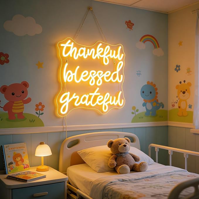 Thankful Blessed Grateful Neon Sign Led Dimmable Neon Lights for Bar Room Home Art Wall Decor Party Window Living Room Decor Christmas' Gift (Warm white)