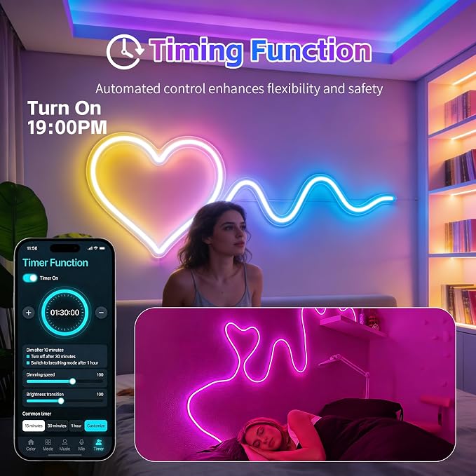 50FT RGB LED Neon Rope Lights, App & Remote Control, Flexible Waterproof IP65 Led Strip Lights, Music Sync Color Changing Multiple Modes Neon Lights for Bedroom Gaming Room Indoor & Outdoor Decor