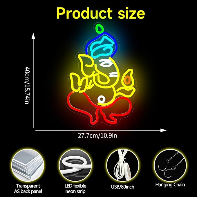 Ganesha Neon Sign for Wall Decor Diwali Led Sign Hindu Elephant Led Neon Light Ganesha Light Sign Up Sign for Home Decoration Ganesh Wall Art Lovers Gift Family