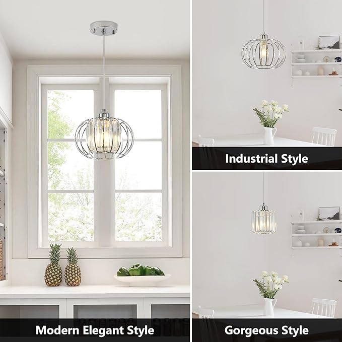 Modern Chrome Pendant Light Fixtures, Mini Crystal Hanging Light Chandelier, Metal Kitchen Island Lighting, Adjustable Pendant Lighting for Kitchen Island, Dining Room, Bedroom, Hallway