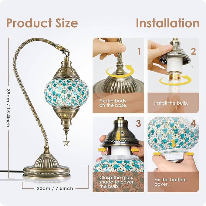 Yarra-Decor Turkish Moroccan Lamp with Bronze Base 3 Color Options Handmade Swan Neck Mosaic Glass Bedside Lamps for Bedroom (LED Bulb Included)(Colorful4)