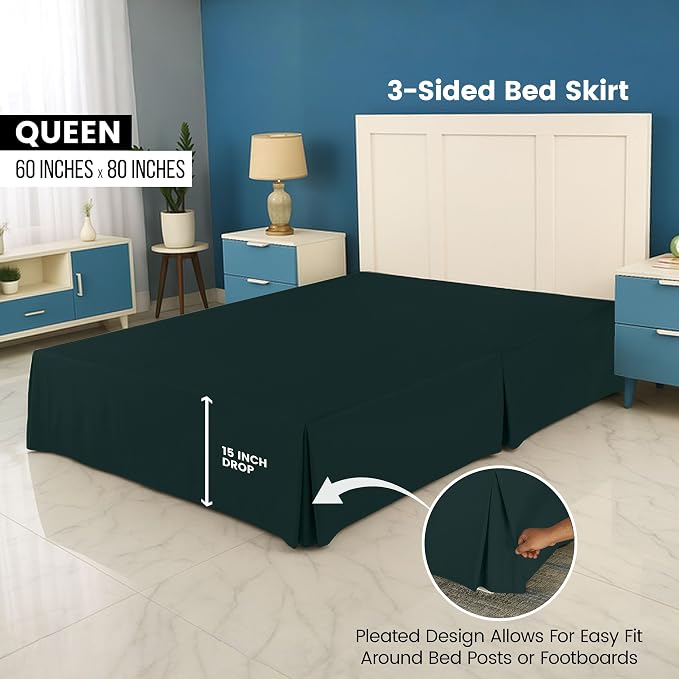 Queen Bed Skirt, Hides Under-Bed Storage 16 Inch Drop, Pleated, Emerald | Easy Fit Design, Shrinkage & Fade Resistant, Hotel Style, Microfiber Durable Fabric, Machine Washable