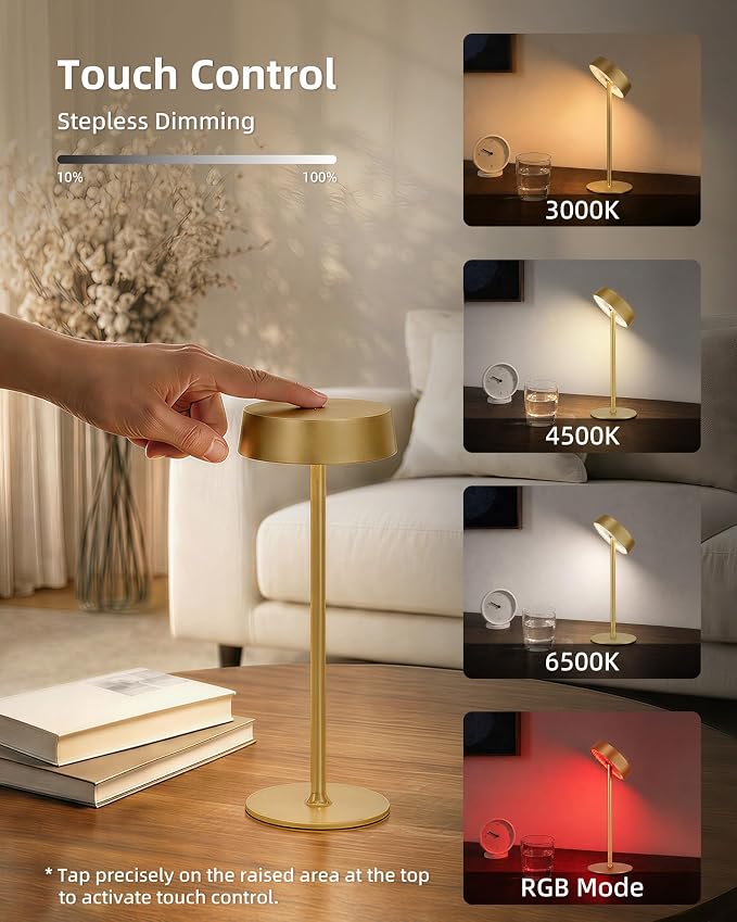 EZVALO Cordless Lamp, Rechargeable Table Lamp, Battery Operated | Portable Outdoor Waterproof, 3 Color Temps RGB, Dimmable Touch Control, LED Memory Function, Restaurant Dining Patio Gold2Pcs