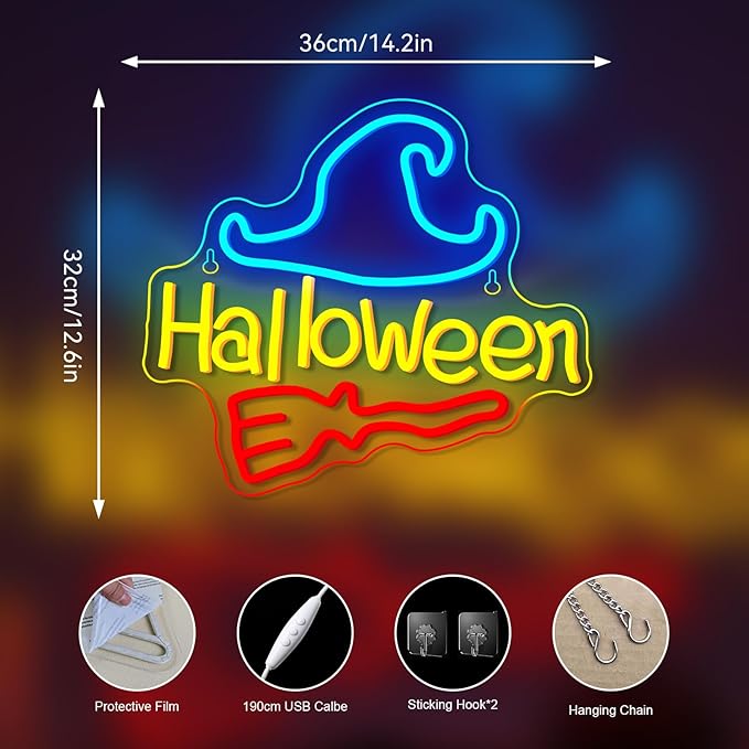 NOSUN Halloween Neon Sign Happy Halloween Wall Decor LED Lights for Bedroom Living Room Bar Office USB Powered Children Youth Hanging Light Up Sign for Decor Holiday Party Gift