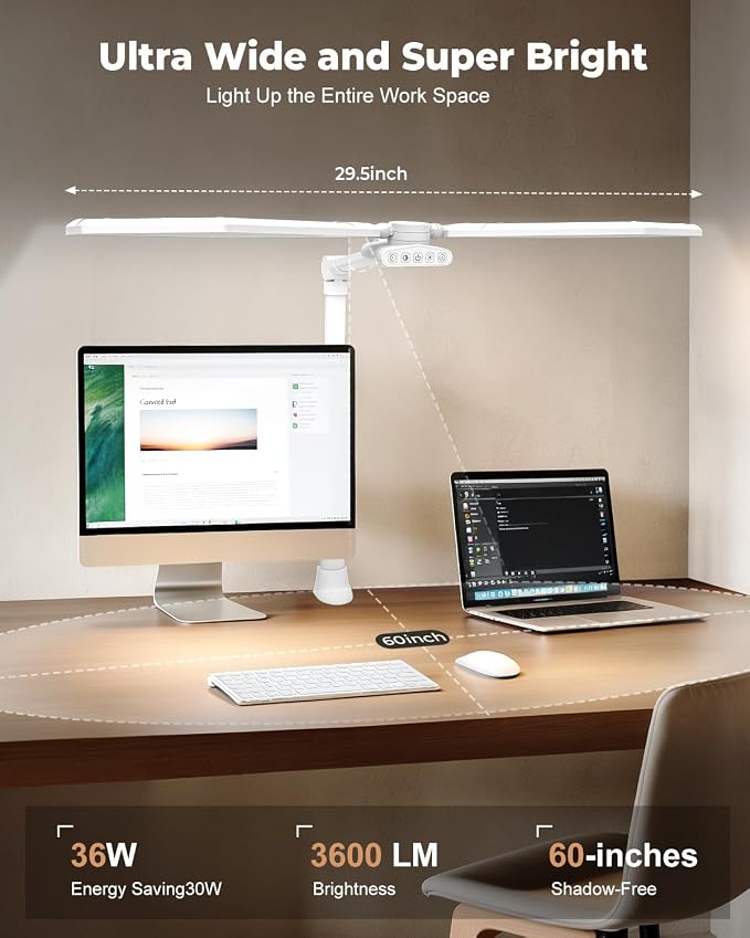 36W LED Desk Lamp with Clamp, Dual-Head Architect Lamp with Remote, White | Ultra Bright 448-LED 3600LM Office Lamp, 2700K-6500K, Stepless Dimming, 60-Inch Desk Light for Workbenches and Home Offices