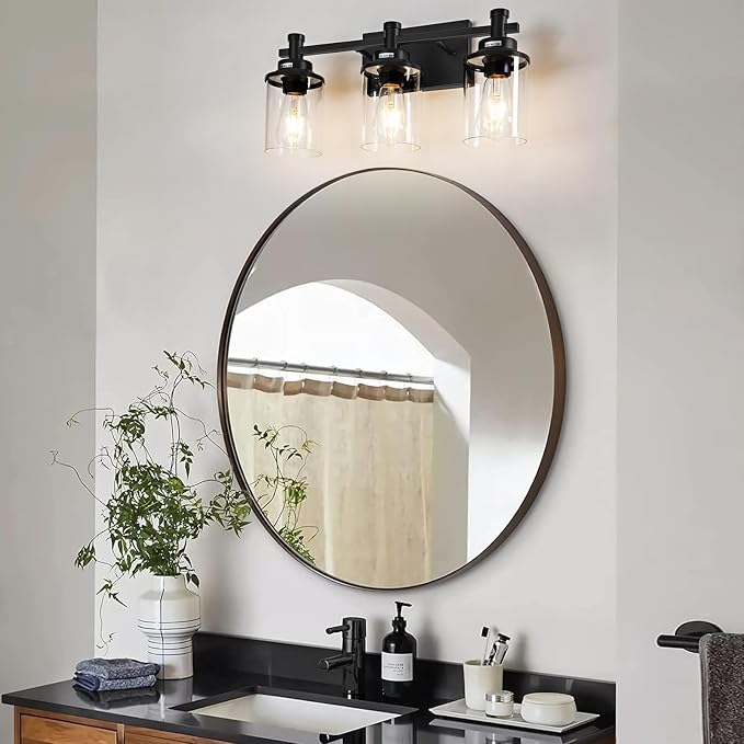 3 Light Bathroom Light Fixtures, Modern Black Vanity Lights Over Mirror, Wall Sconce with Clear Glass Shade and Metal Base, Vanity Lights for Bathroom, Wall Lamp for Mirror Bedroom Hallway