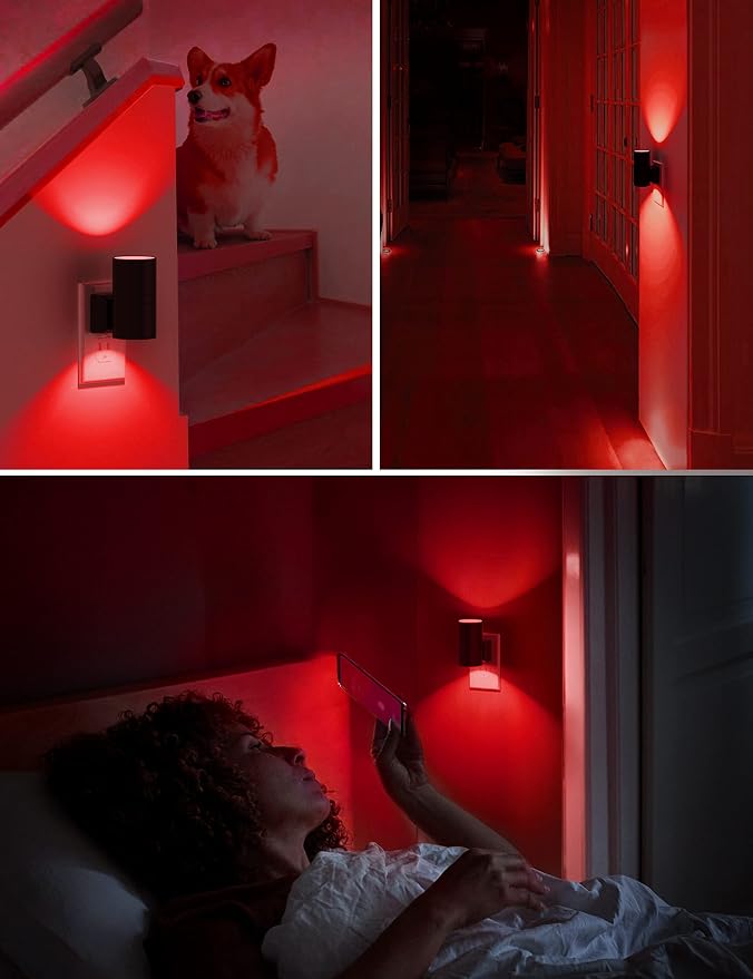 4 X Red Night Light, LOHAS Night Light Plug in with Dusk to Dawn Sensor, 0-100LM, Adjustable Brightness, Sleep Aid Red, Dimmable Night Lights for Home Decor, Bathroom, Hallway, Bedroom, Kids Room