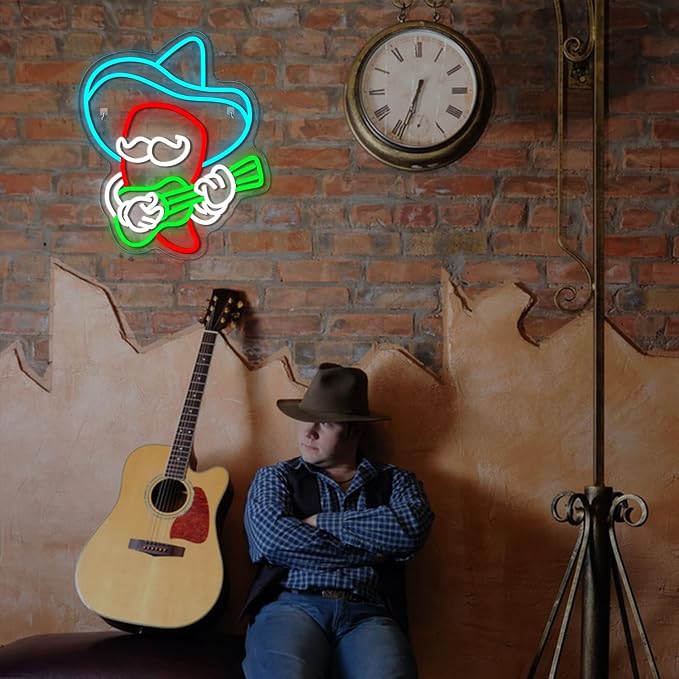 Cowboy Guitar Neon Sign Chili Pepper LED Light Bar Wall Decor | Mexican Pepper LED Neon Light, Dimmable Chili Pepper Guitar Design for Pubs, Home Bars, Man Caves, Parties, Clubs,Game Rooms