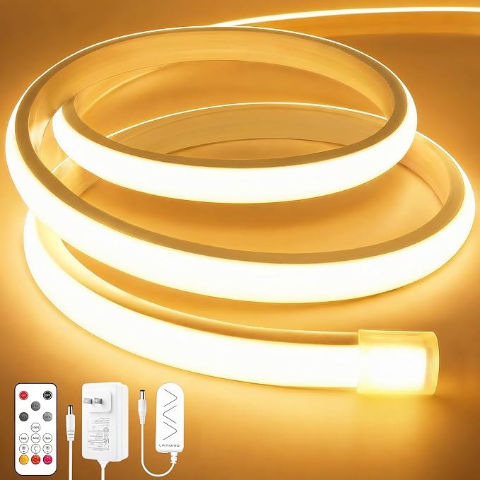 Lamomo COB LED Strip Lights 6.56Ft, Warm White Dimmable Self-Adhesive Led Rope Light with Remote, Flexible Cuttable Waterproof 3000K Silicone Neon Tape Light for Bedroom, Indoor, Cabinet, 10mm Width