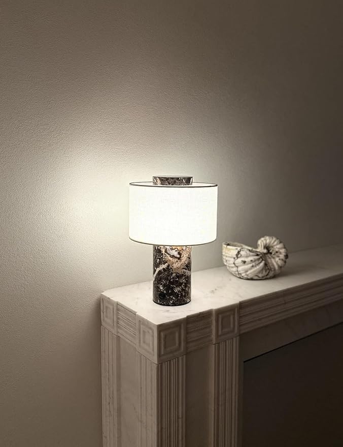 Marble Lamp, Stone Table Lamps Collection - Modern Cylindrical Lampshade Cordless Luxury Design Bedside Brown Lamp for Home Decor, Bedroom, Living Room & Office (Rechargeable Emperador Dark Lamp)