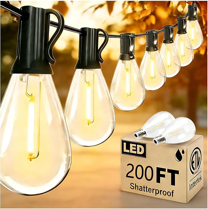REEMEER 200FT Outdoor String Lights, Ultra Long Waterproof 60+2 Shatterproof Bulbs Led Outside Patio Lights for Porch Deck Garden Backyard Balcony Wedding Party Decor