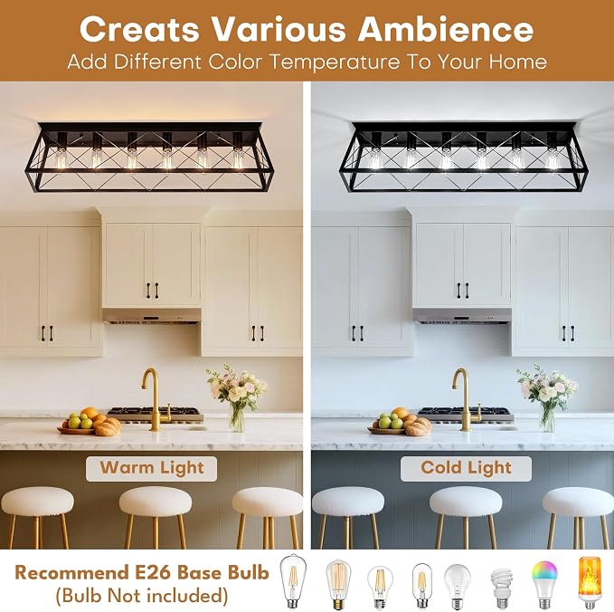 38" Large Flush Mount Ceiling Light for Kitchen Hallway Fixtures | Vintage Industrial Kitchen Ceiling Light Fixtures with X-Shaped Metal Cage, 6-Light Black Large Flush Ceiling Lighting